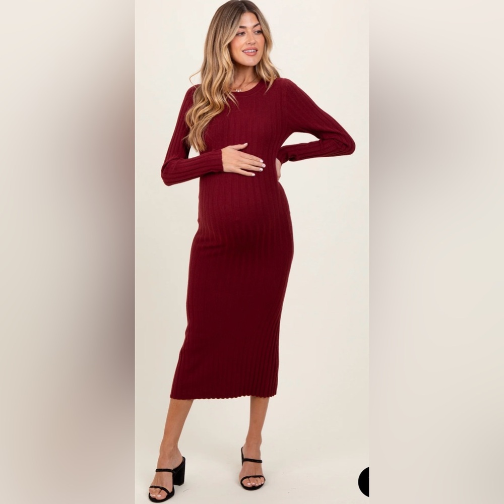 Elegant Burgundy Ribbed Knit Maternity Dress